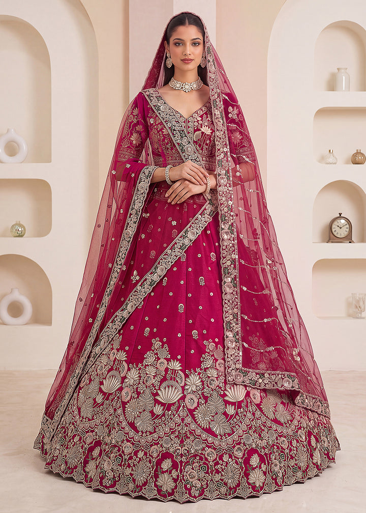 Shop Now Pink Flower Pattern Handwork Lehenga Choli with Double Dupatta Online in USA, UK, Canada, France, Germany, Austria, Australia &amp; Worldwide at Empress.