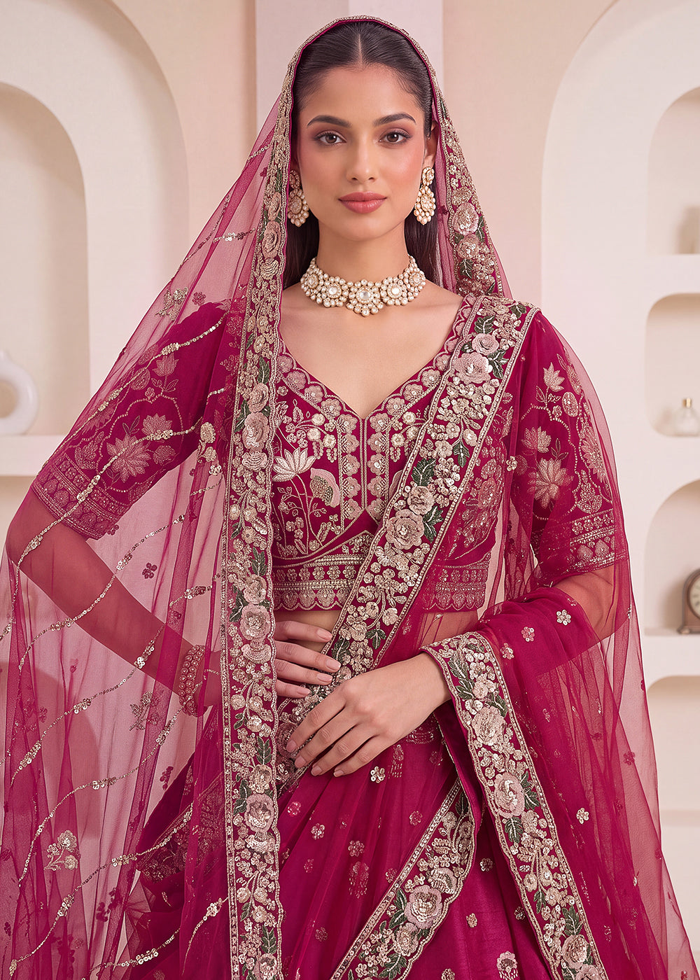 Shop Now Pink Flower Pattern Handwork Lehenga Choli with Double Dupatta Online in USA, UK, Canada, France, Germany, Austria, Australia & Worldwide at Empress.