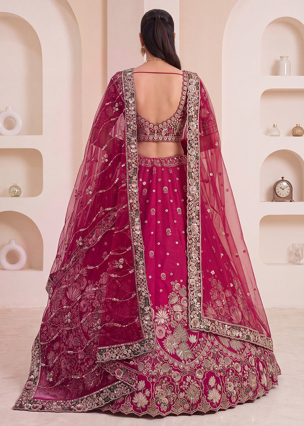 Pink Flower Pattern Handwork Lehenga Choli with Double Dupatta