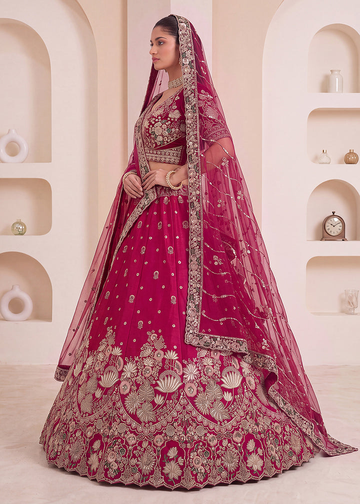 Shop Now Pink Flower Pattern Handwork Lehenga Choli with Double Dupatta Online in USA, UK, Canada, France, Germany, Austria, Australia &amp; Worldwide at Empress.
