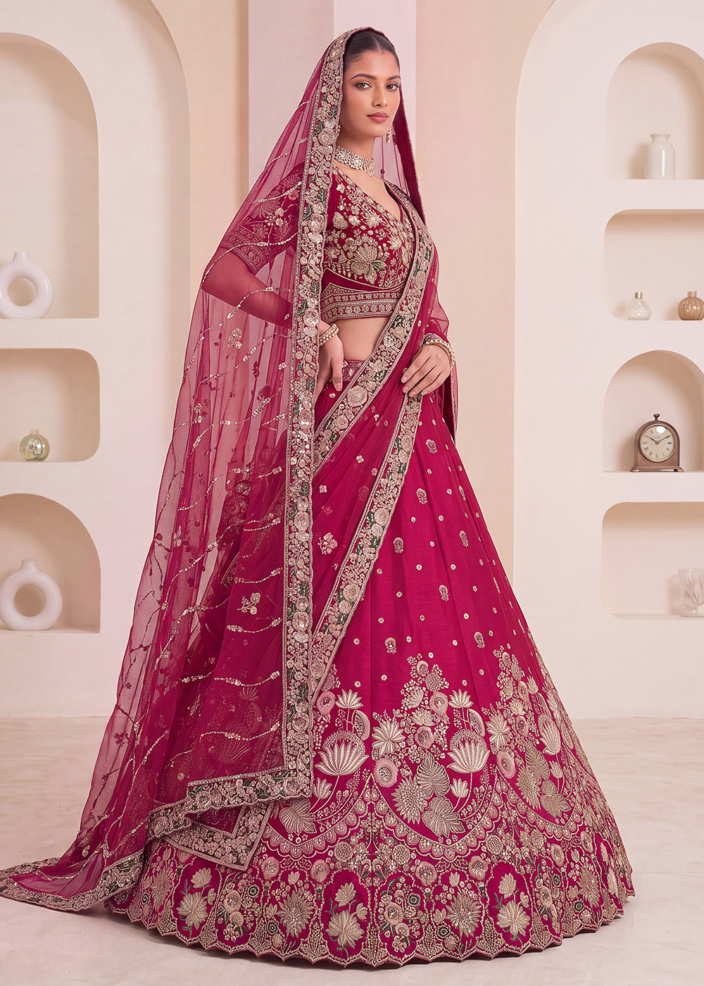 Shop Now Pink Flower Pattern Handwork Lehenga Choli with Double Dupatta Online in USA, UK, Canada, France, Germany, Austria, Australia &amp; Worldwide at Empress.