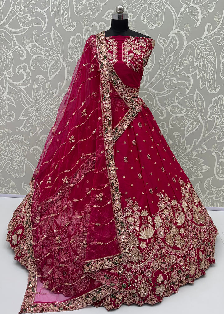 Shop Now Pink Flower Pattern Handwork Lehenga Choli with Double Dupatta Online in USA, UK, Canada, France, Germany, Austria, Australia &amp; Worldwide at Empress.