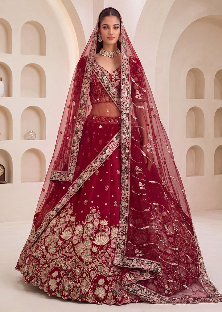 Shop Now Maroon Flower Pattern Handwork Lehenga Choli with Double Dupatta Online in USA, UK, Canada, France, Germany, Austria, Australia &amp; Worldwide at Empress.
