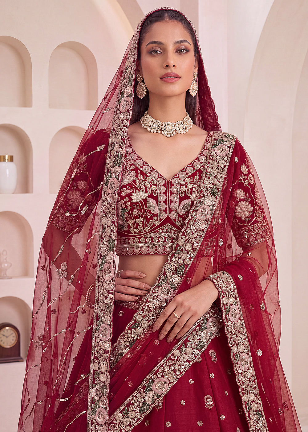 Shop Now Maroon Flower Pattern Handwork Lehenga Choli with Double Dupatta Online in USA, UK, Canada, France, Germany, Austria, Australia &amp; Worldwide at Empress.