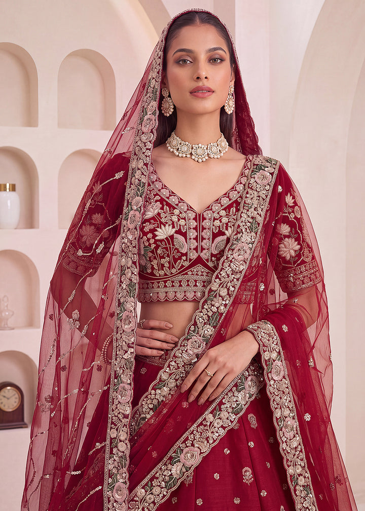 Shop Now Maroon Flower Pattern Handwork Lehenga Choli with Double Dupatta Online in USA, UK, Canada, France, Germany, Austria, Australia &amp; Worldwide at Empress.