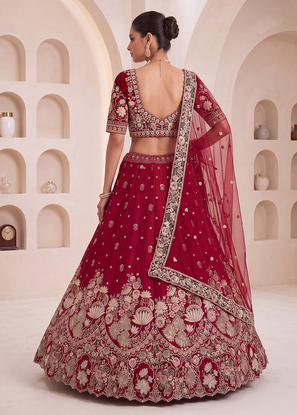 Maroon Flower Pattern Handwork Lehenga Choli with Double Dupatta