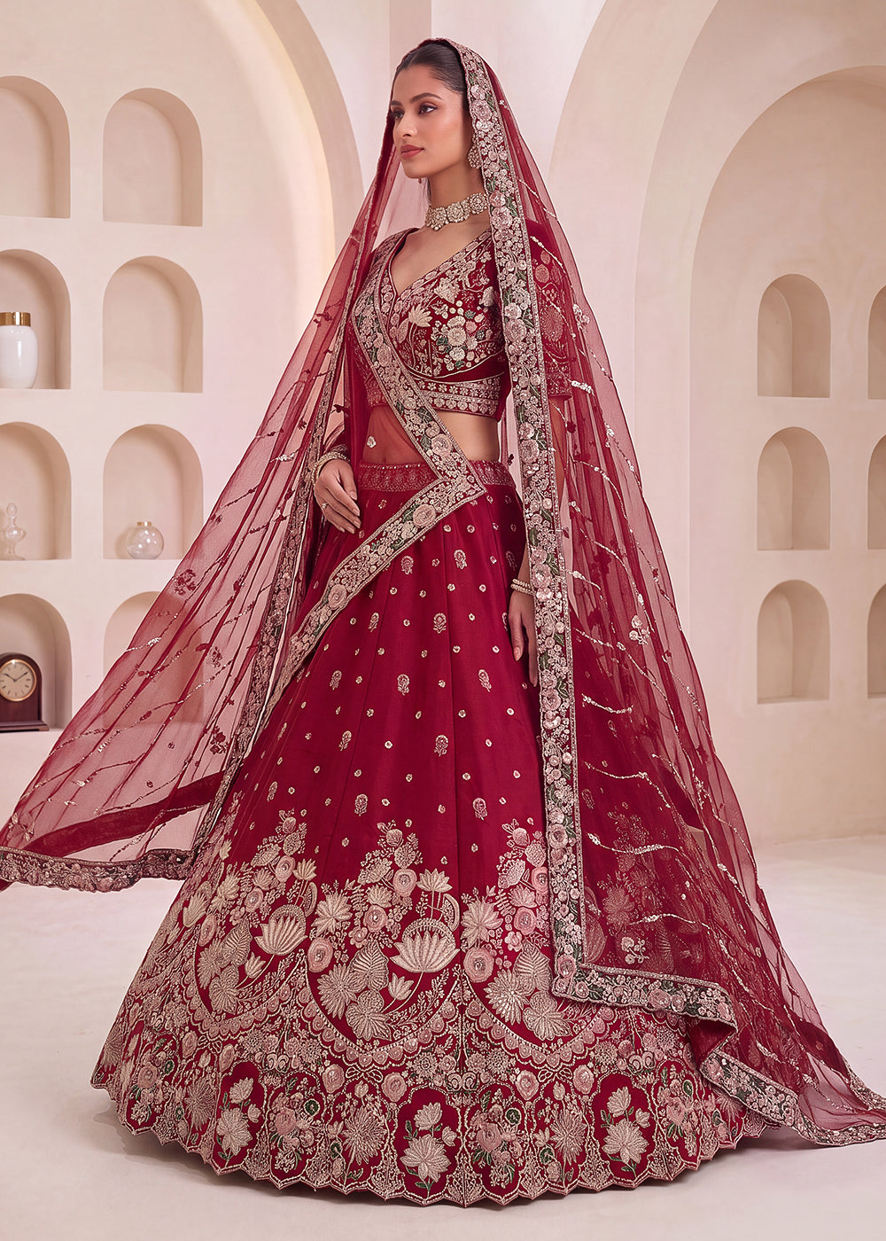 Shop Now Maroon Flower Pattern Handwork Lehenga Choli with Double Dupatta Online in USA, UK, Canada, France, Germany, Austria, Australia &amp; Worldwide at Empress.