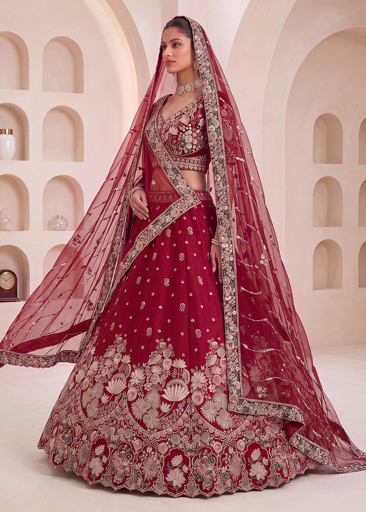 Shop Now Maroon Flower Pattern Handwork Lehenga Choli with Double Dupatta Online in USA, UK, Canada, France, Germany, Austria, Australia &amp; Worldwide at Empress.
