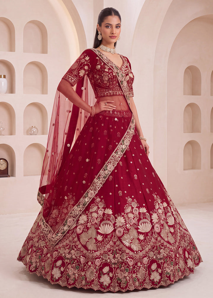 Shop Now Maroon Flower Pattern Handwork Lehenga Choli with Double Dupatta Online in USA, UK, Canada, France, Germany, Austria, Australia &amp; Worldwide at Empress.