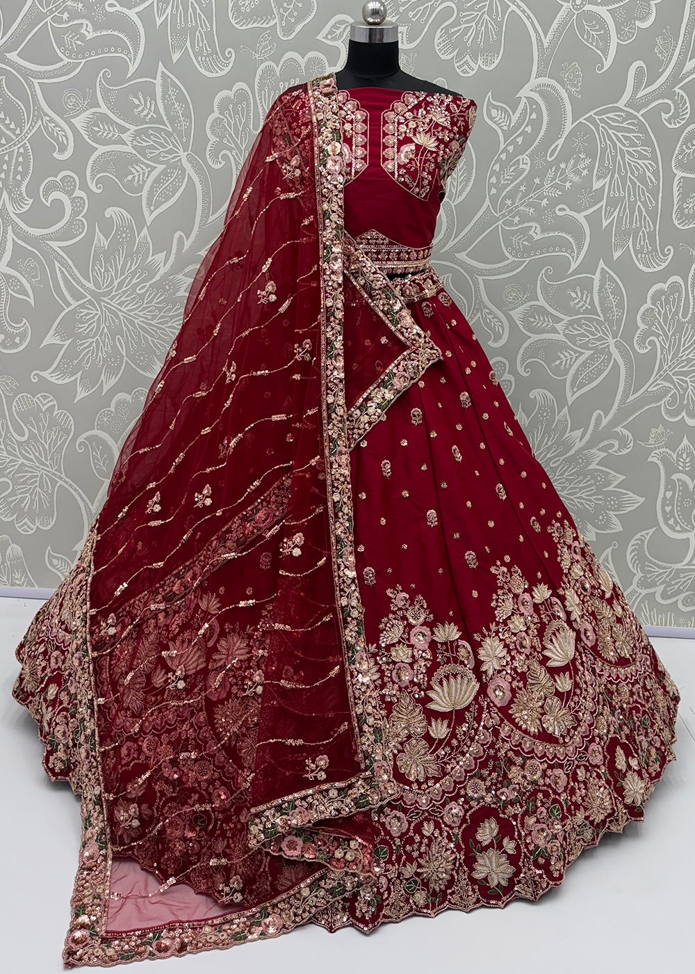 Shop Now Maroon Flower Pattern Handwork Lehenga Choli with Double Dupatta Online in USA, UK, Canada, France, Germany, Austria, Australia &amp; Worldwide at Empress.