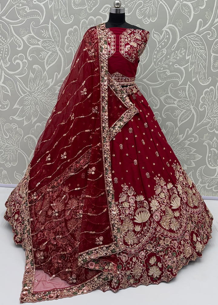 Shop Now Maroon Flower Pattern Handwork Lehenga Choli with Double Dupatta Online in USA, UK, Canada, France, Germany, Austria, Australia &amp; Worldwide at Empress.