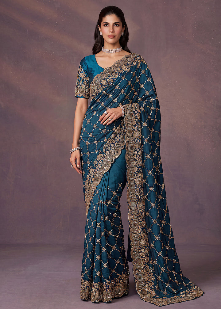 Buy Now Prussian Blue Premium Satin Silk Wedding Designer Saree Online in US, UK, Canada, France, Germany, Denmark, Sweden, UAE, Italy &amp; Worldwide at Empress.