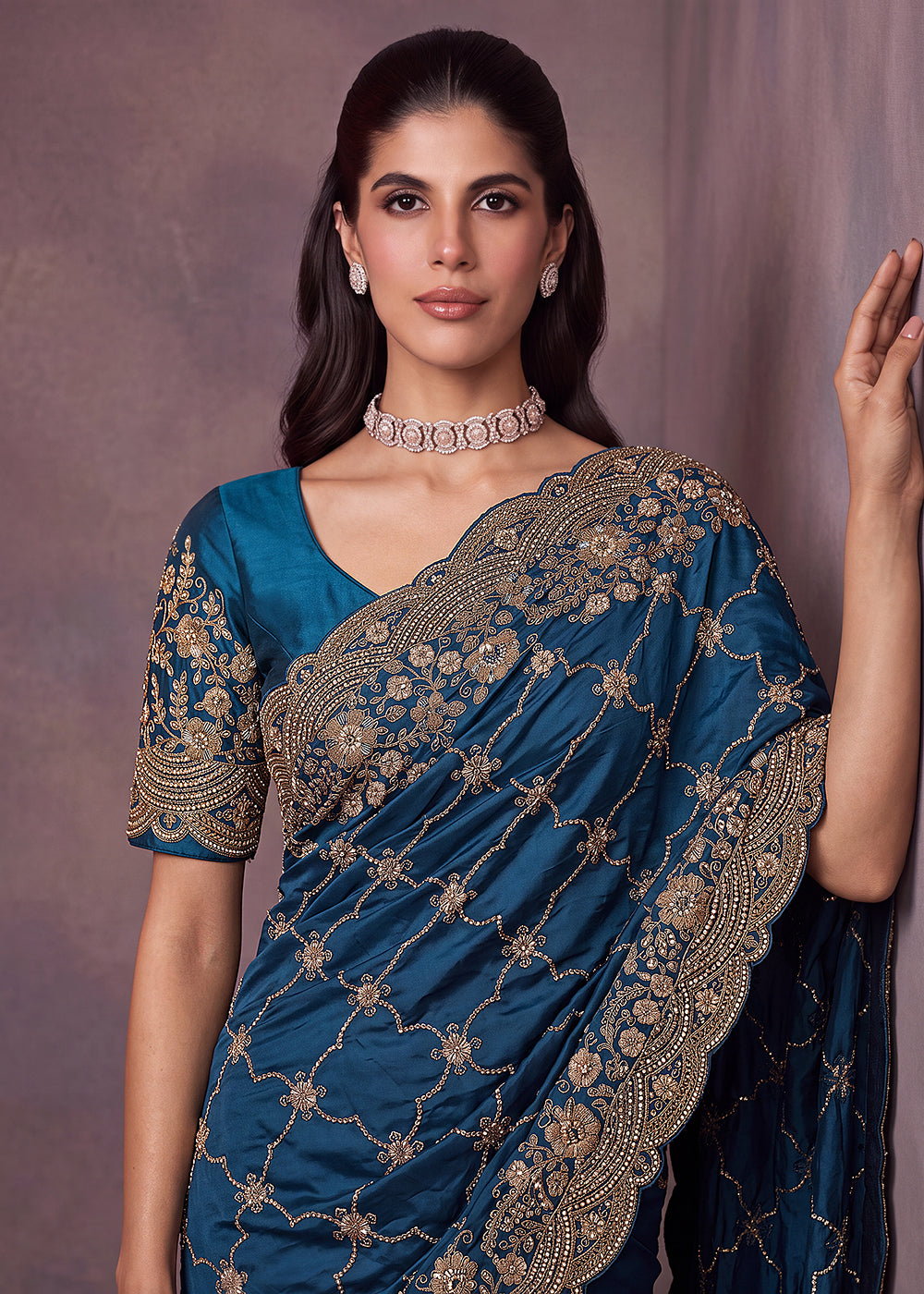 Buy Now Prussian Blue Premium Satin Silk Wedding Designer Saree Online in US, UK, Canada, France, Germany, Denmark, Sweden, UAE, Italy & Worldwide at Empress.