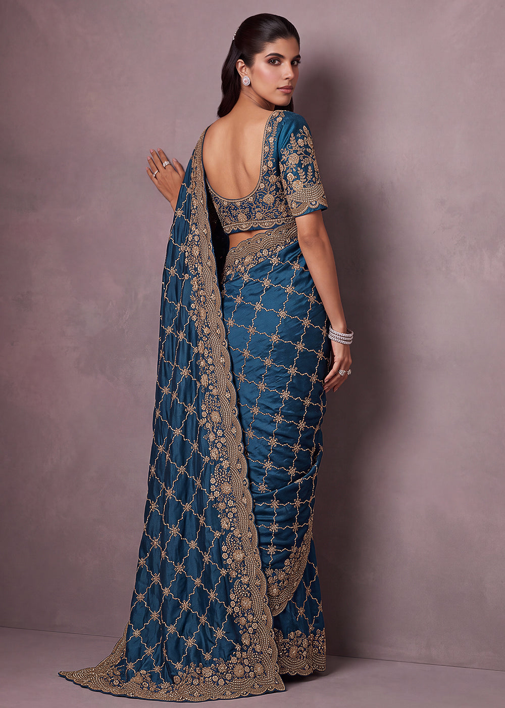 Buy Now Prussian Blue Premium Satin Silk Wedding Designer Saree Online in US, UK, Canada, France, Germany, Denmark, Sweden, UAE, Italy &amp; Worldwide at Empress.