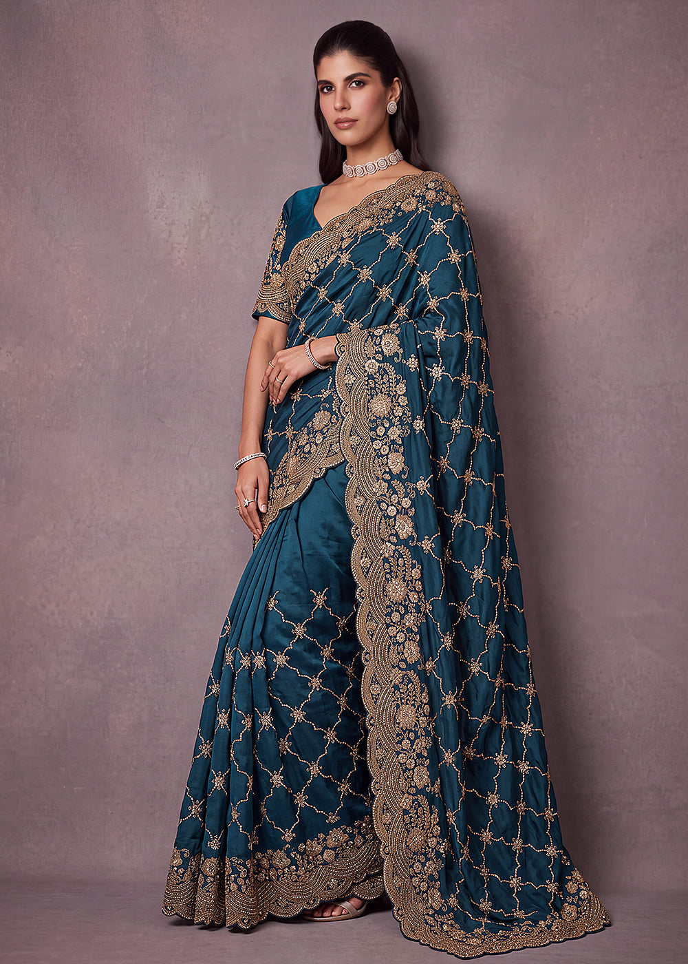 Buy Now Prussian Blue Premium Satin Silk Wedding Designer Saree Online in US, UK, Canada, France, Germany, Denmark, Sweden, UAE, Italy &amp; Worldwide at Empress.