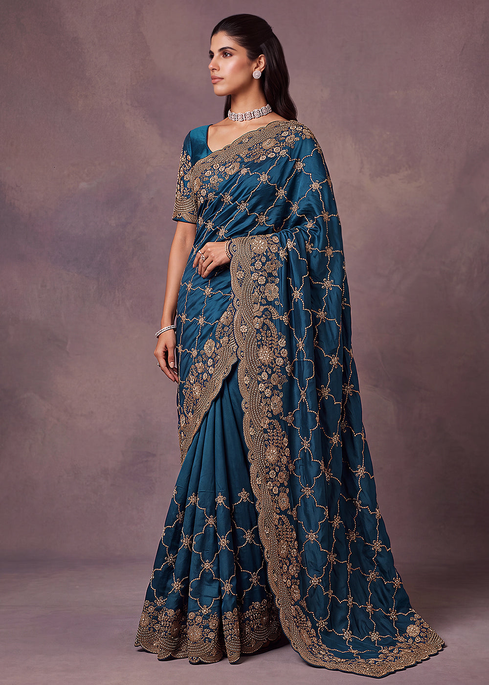 Buy Now Prussian Blue Premium Satin Silk Wedding Designer Saree Online in US, UK, Canada, France, Germany, Denmark, Sweden, UAE, Italy &amp; Worldwide at Empress.
