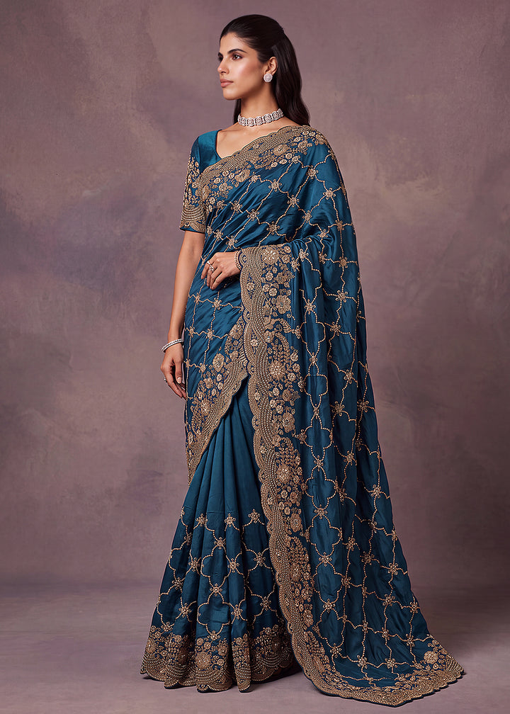 Buy Now Prussian Blue Premium Satin Silk Wedding Designer Saree Online in US, UK, Canada, France, Germany, Denmark, Sweden, UAE, Italy &amp; Worldwide at Empress.