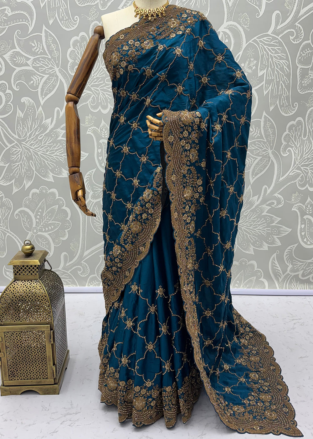 Buy Now Prussian Blue Premium Satin Silk Wedding Designer Saree Online in US, UK, Canada, France, Germany, Denmark, Sweden, UAE, Italy &amp; Worldwide at Empress.
