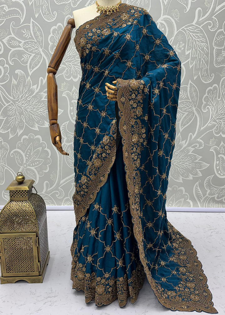 Buy Now Prussian Blue Premium Satin Silk Wedding Designer Saree Online in US, UK, Canada, France, Germany, Denmark, Sweden, UAE, Italy &amp; Worldwide at Empress.