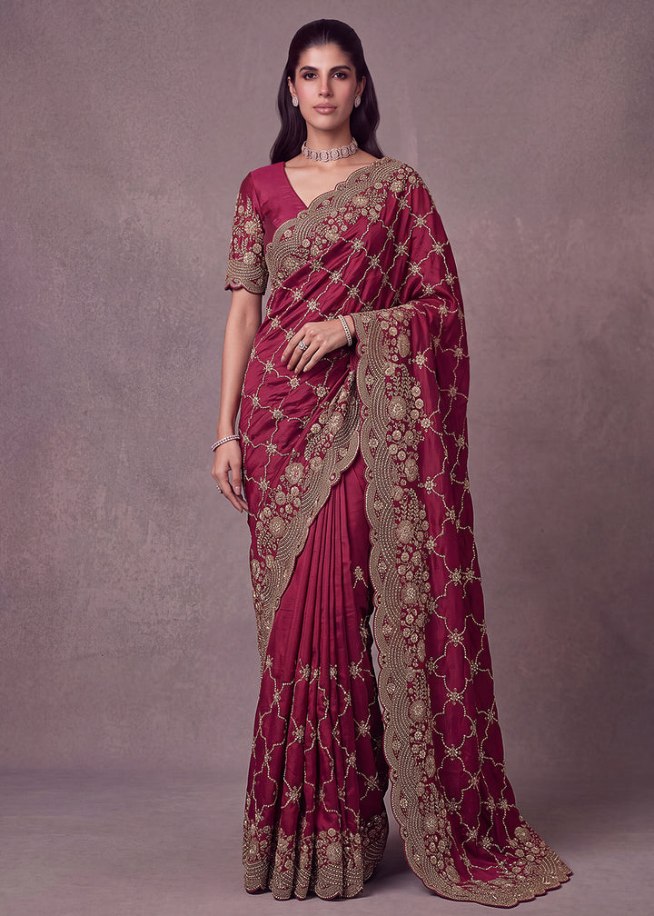 Buy Now Lovely Pink Premium Satin Silk Wedding Designer Saree Online in US, UK, Canada, France, Germany, Denmark, Sweden, UAE, Italy &amp; Worldwide at Empress.