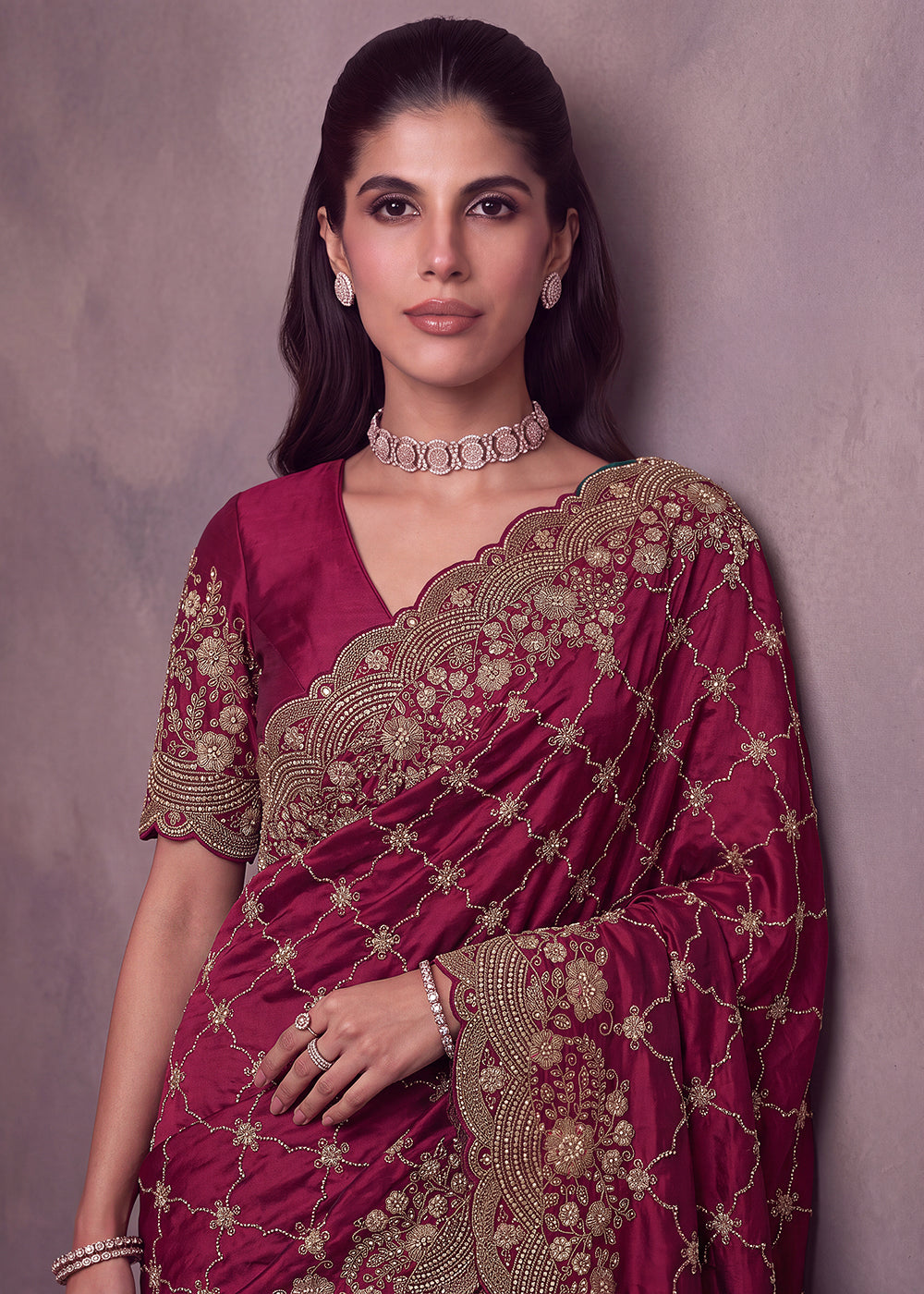 Buy Now Lovely Pink Premium Satin Silk Wedding Designer Saree Online in US, UK, Canada, France, Germany, Denmark, Sweden, UAE, Italy &amp; Worldwide at Empress.