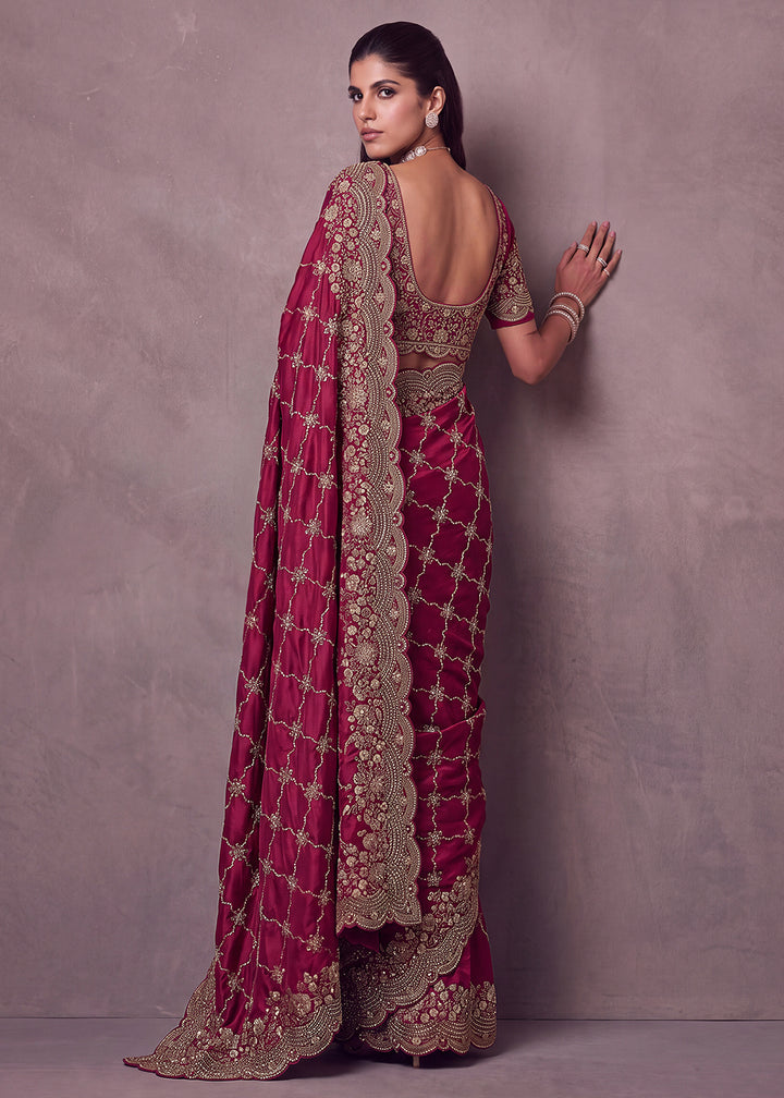 Buy Now Lovely Pink Premium Satin Silk Wedding Designer Saree Online in US, UK, Canada, France, Germany, Denmark, Sweden, UAE, Italy &amp; Worldwide at Empress.