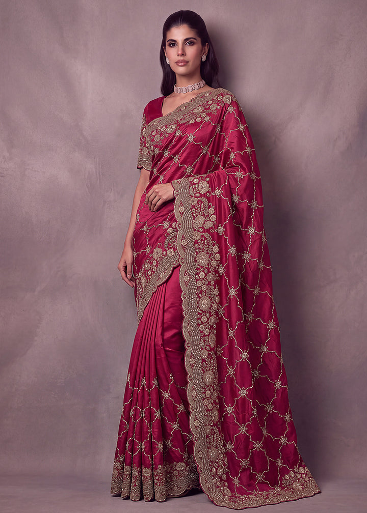 Buy Now Lovely Pink Premium Satin Silk Wedding Designer Saree Online in US, UK, Canada, France, Germany, Denmark, Sweden, UAE, Italy &amp; Worldwide at Empress.