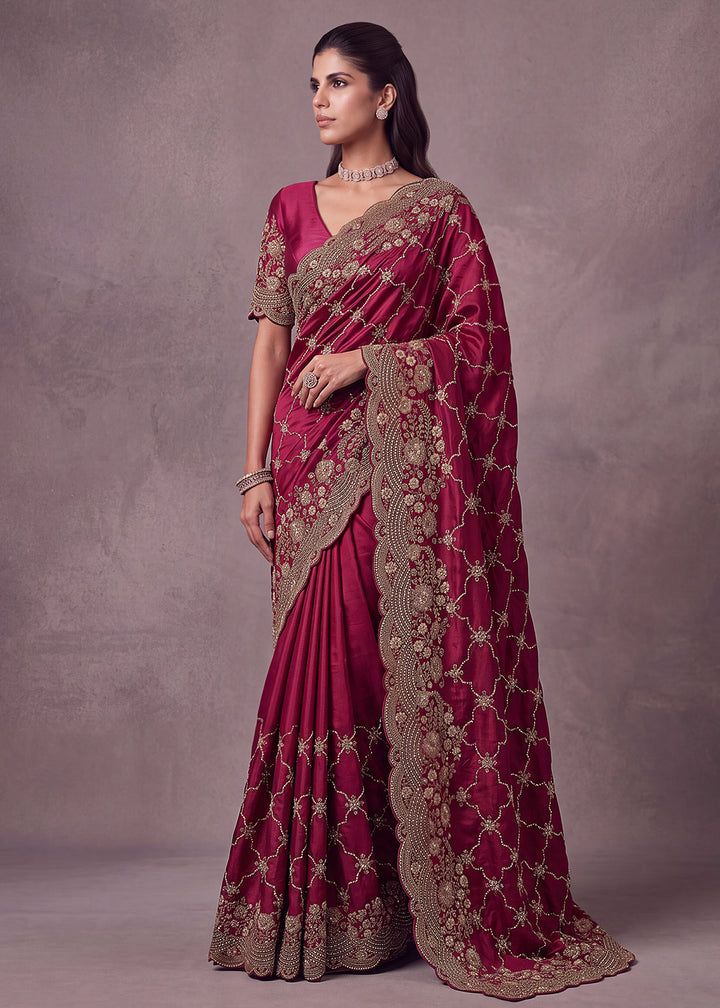 Buy Now Lovely Pink Premium Satin Silk Wedding Designer Saree Online in US, UK, Canada, France, Germany, Denmark, Sweden, UAE, Italy &amp; Worldwide at Empress.