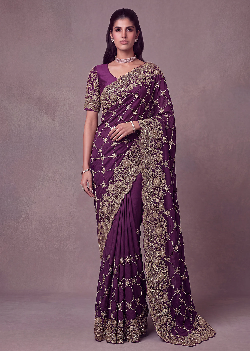 Buy Now Plum Purple Premium Satin Silk Wedding Designer Saree Online in US, UK, Canada, France, Germany, Denmark, Sweden, UAE, Italy & Worldwide at Empress.