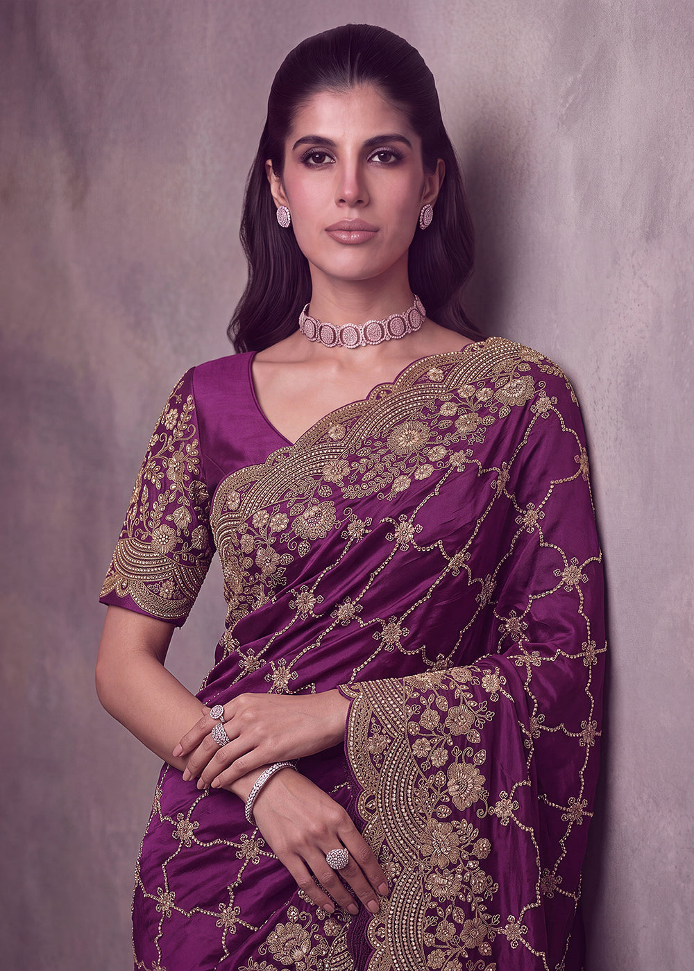 Buy Now Plum Purple Premium Satin Silk Wedding Designer Saree Online in US, UK, Canada, France, Germany, Denmark, Sweden, UAE, Italy &amp; Worldwide at Empress.