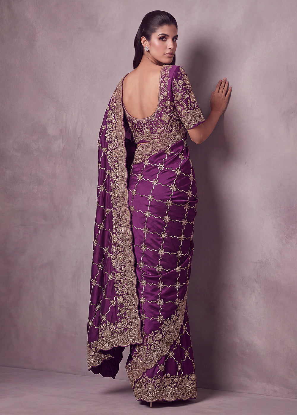 Buy Now Plum Purple Premium Satin Silk Wedding Designer Saree Online in US, UK, Canada, France, Germany, Denmark, Sweden, UAE, Italy &amp; Worldwide at Empress.