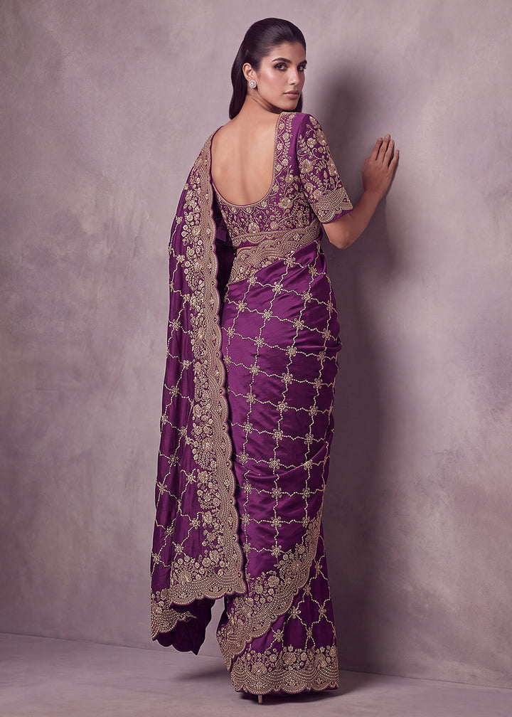 Buy Now Plum Purple Premium Satin Silk Wedding Designer Saree Online in US, UK, Canada, France, Germany, Denmark, Sweden, UAE, Italy &amp; Worldwide at Empress.
