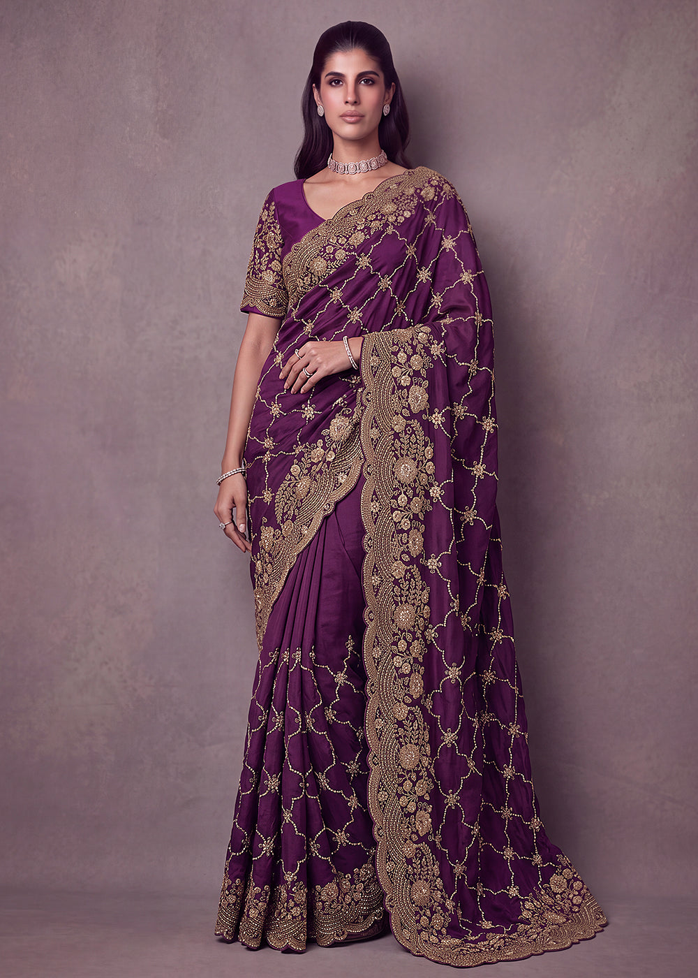 Buy Now Plum Purple Premium Satin Silk Wedding Designer Saree Online in US, UK, Canada, France, Germany, Denmark, Sweden, UAE, Italy &amp; Worldwide at Empress.