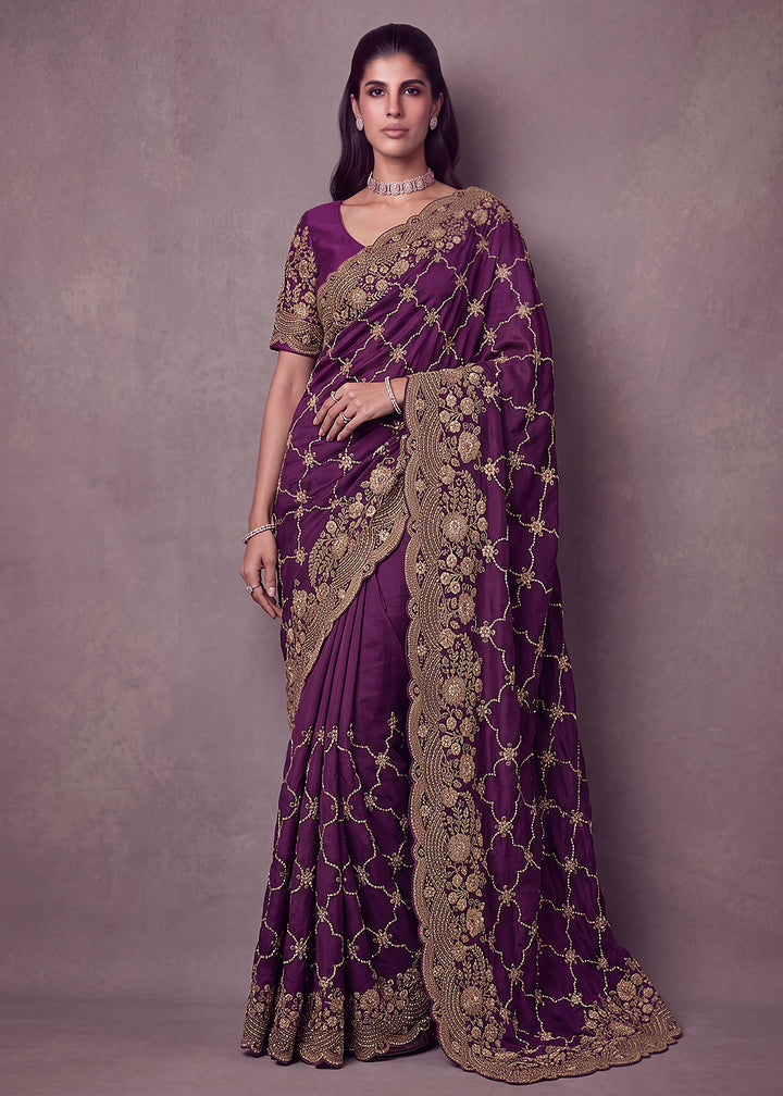 Buy Now Plum Purple Premium Satin Silk Wedding Designer Saree Online in US, UK, Canada, France, Germany, Denmark, Sweden, UAE, Italy &amp; Worldwide at Empress.