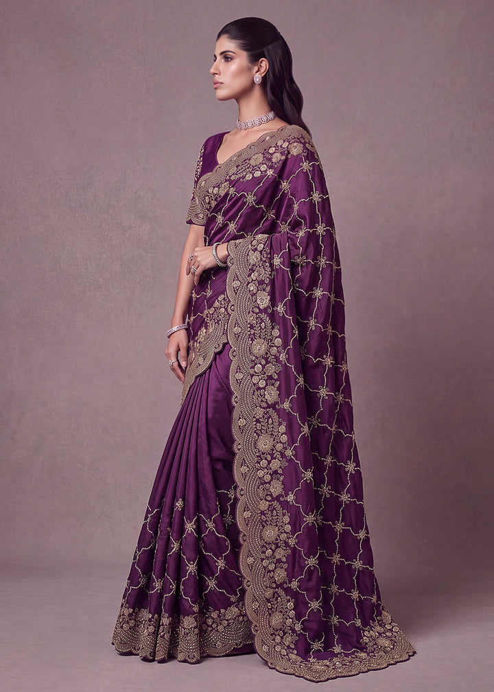Buy Now Plum Purple Premium Satin Silk Wedding Designer Saree Online in US, UK, Canada, France, Germany, Denmark, Sweden, UAE, Italy &amp; Worldwide at Empress.