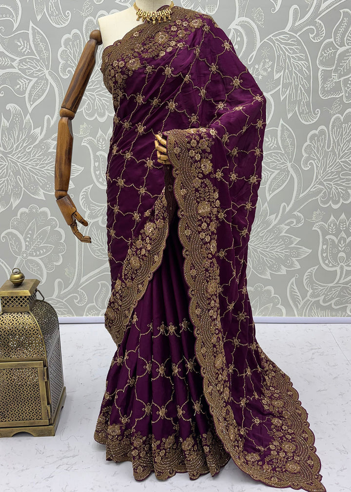 Buy Now Plum Purple Premium Satin Silk Wedding Designer Saree Online in US, UK, Canada, France, Germany, Denmark, Sweden, UAE, Italy &amp; Worldwide at Empress.