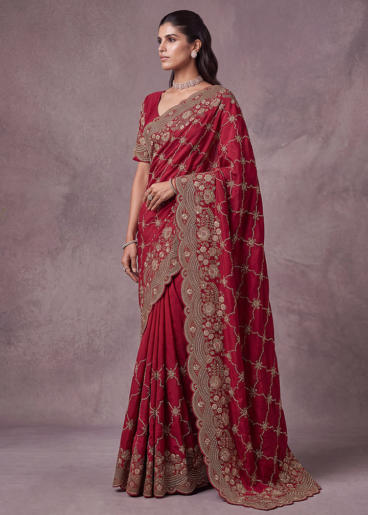 Buy Now Hot Pink Premium Satin Silk Wedding Designer Saree Online in US, UK, Canada, France, Germany, Denmark, Sweden, UAE, Italy &amp; Worldwide at Empress.