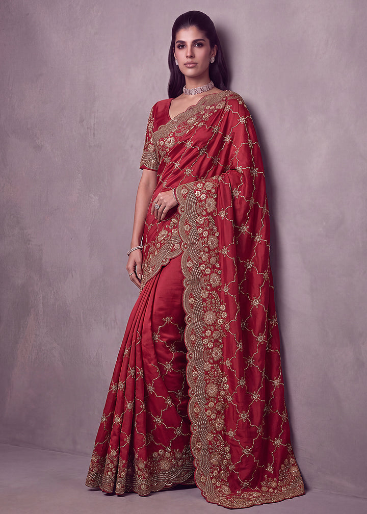 Buy Now Hot Pink Premium Satin Silk Wedding Designer Saree Online in US, UK, Canada, France, Germany, Denmark, Sweden, UAE, Italy &amp; Worldwide at Empress.