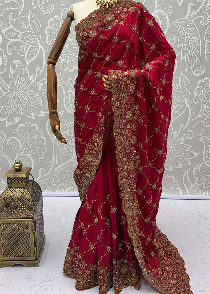 Buy Now Hot Pink Premium Satin Silk Wedding Designer Saree Online in US, UK, Canada, France, Germany, Denmark, Sweden, UAE, Italy &amp; Worldwide at Empress.