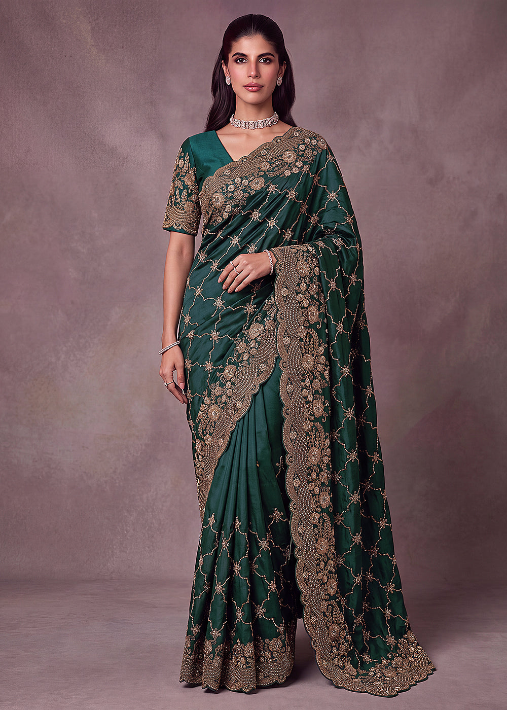 Buy Now Green Premium Satin Silk Wedding Designer Saree Online in US, UK, Canada, France, Germany, Denmark, Sweden, UAE, Italy, Greece & Worldwide at Empress.