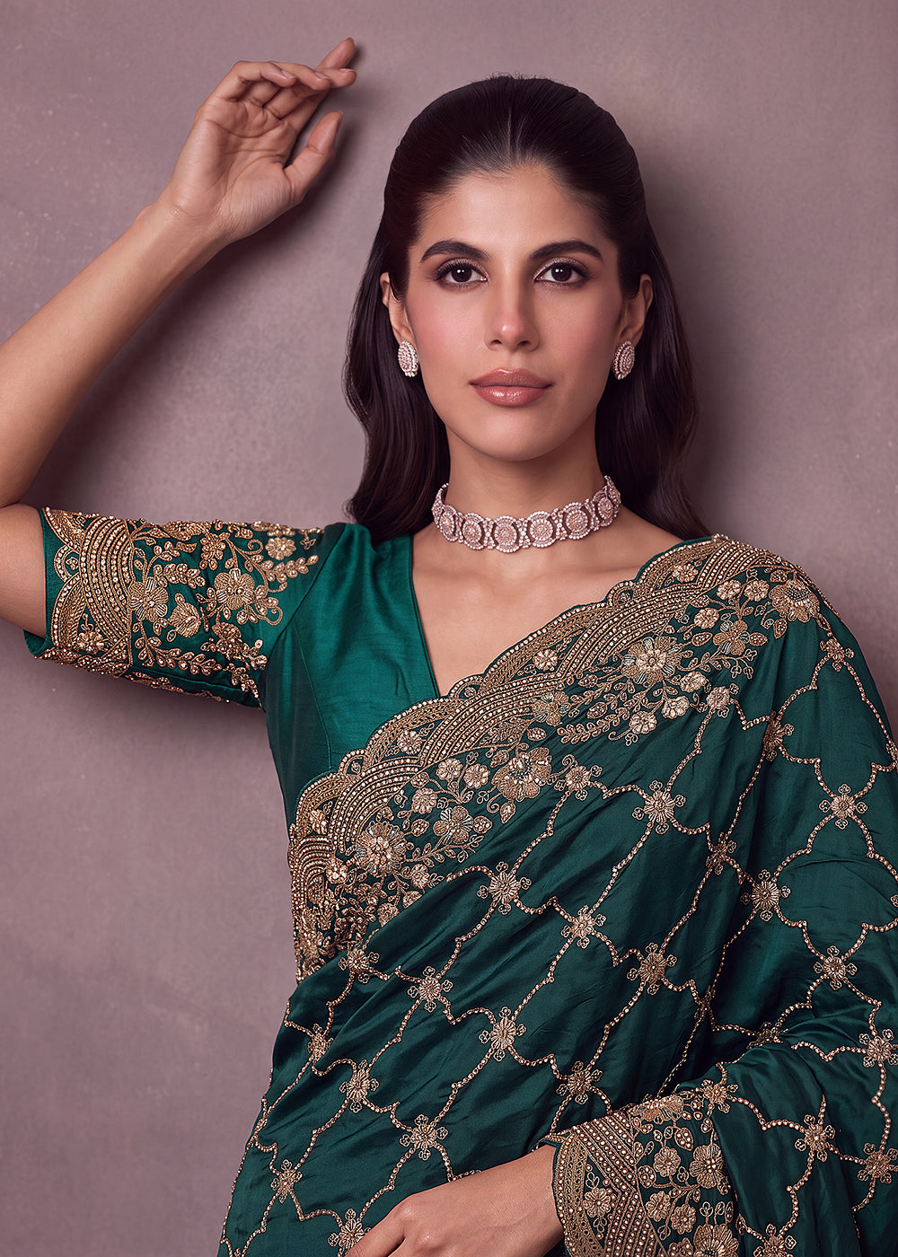 Buy Now Green Premium Satin Silk Wedding Designer Saree Online in US, UK, Canada, France, Germany, Denmark, Sweden, UAE, Italy, Greece & Worldwide at Empress.
