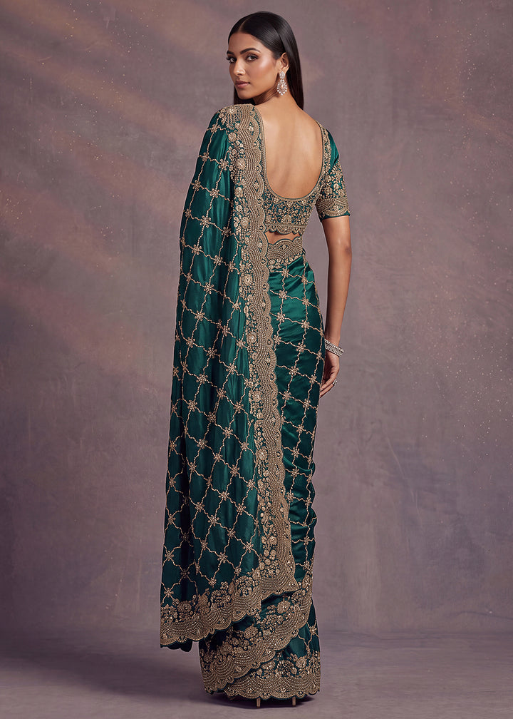 Buy Now Green Premium Satin Silk Wedding Designer Saree Online in US, UK, Canada, France, Germany, Denmark, Sweden, UAE, Italy, Greece &amp; Worldwide at Empress.