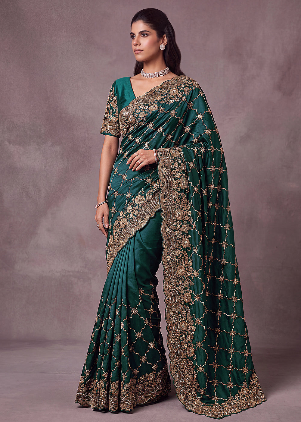 Buy Now Green Premium Satin Silk Wedding Designer Saree Online in US, UK, Canada, France, Germany, Denmark, Sweden, UAE, Italy, Greece &amp; Worldwide at Empress.