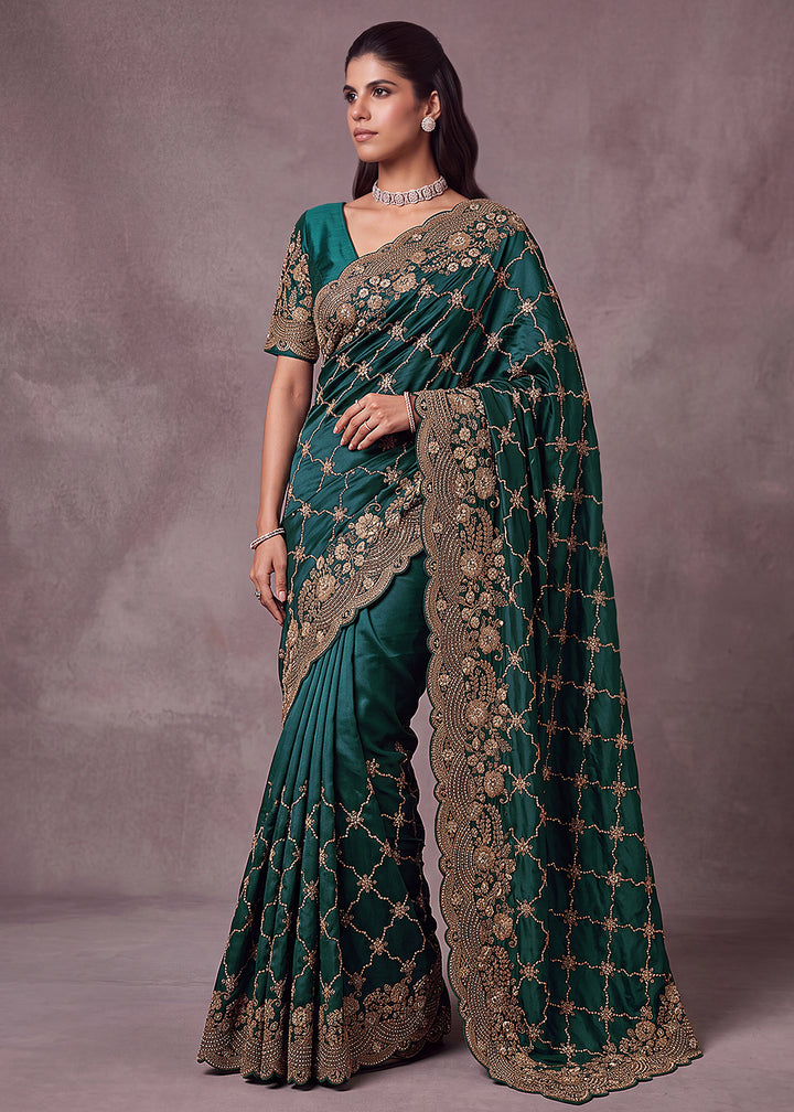 Buy Now Green Premium Satin Silk Wedding Designer Saree Online in US, UK, Canada, France, Germany, Denmark, Sweden, UAE, Italy, Greece &amp; Worldwide at Empress.