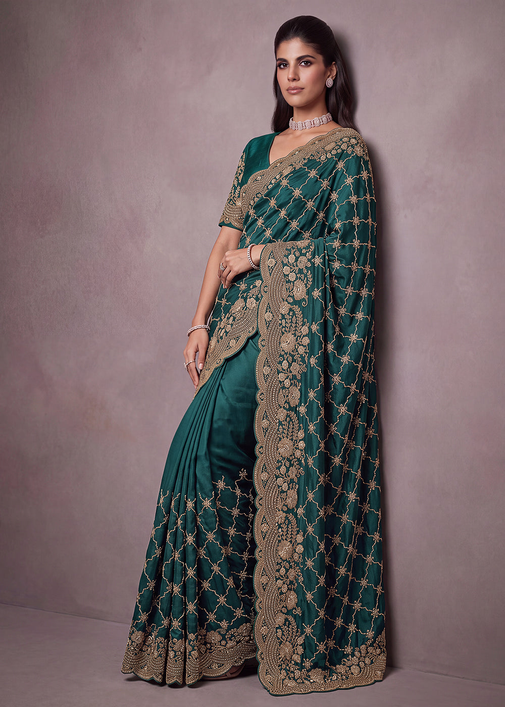 Buy Now Green Premium Satin Silk Wedding Designer Saree Online in US, UK, Canada, France, Germany, Denmark, Sweden, UAE, Italy, Greece &amp; Worldwide at Empress.