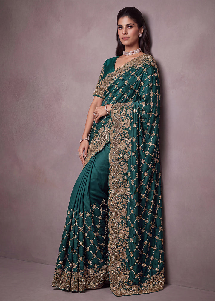 Buy Now Green Premium Satin Silk Wedding Designer Saree Online in US, UK, Canada, France, Germany, Denmark, Sweden, UAE, Italy, Greece &amp; Worldwide at Empress.