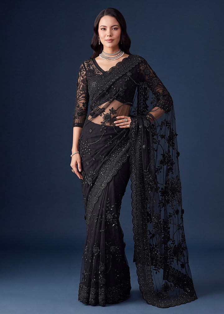 Buy Now Exquisite Black Beads &amp; Handwork Designer Party Wear Saree Online in USA, UK, Canada, France, Germany, Denmark, Sweden, Italy &amp; Worldwide at Empress.
