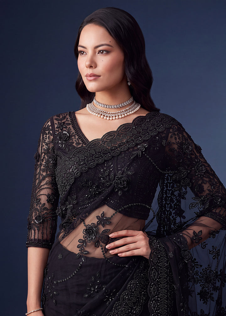 Buy Now Exquisite Black Beads &amp; Handwork Designer Party Wear Saree Online in USA, UK, Canada, France, Germany, Denmark, Sweden, Italy &amp; Worldwide at Empress.