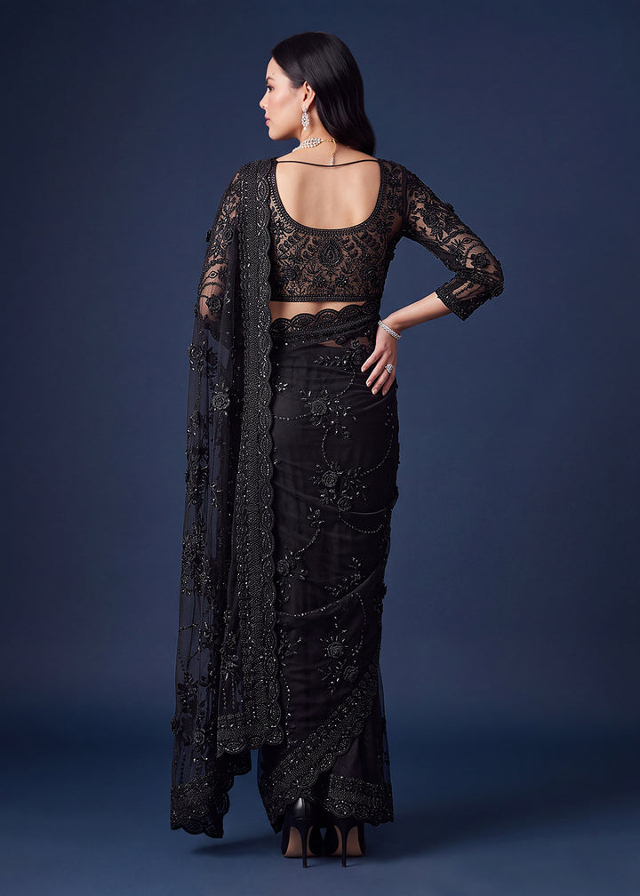 Buy Now Exquisite Black Beads &amp; Handwork Designer Party Wear Saree Online in USA, UK, Canada, France, Germany, Denmark, Sweden, Italy &amp; Worldwide at Empress.