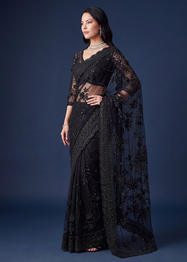 Buy Now Exquisite Black Beads &amp; Handwork Designer Party Wear Saree Online in USA, UK, Canada, France, Germany, Denmark, Sweden, Italy &amp; Worldwide at Empress.